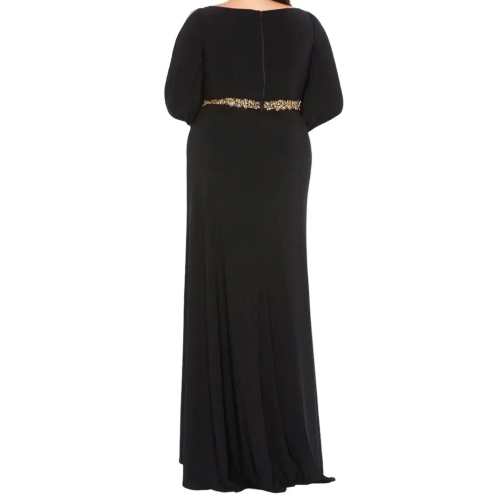Mac Duggal Jersey V Neck Maxi Dress Gold Beaded Size 20 Leg Slit Formal - Picture 2 of 12